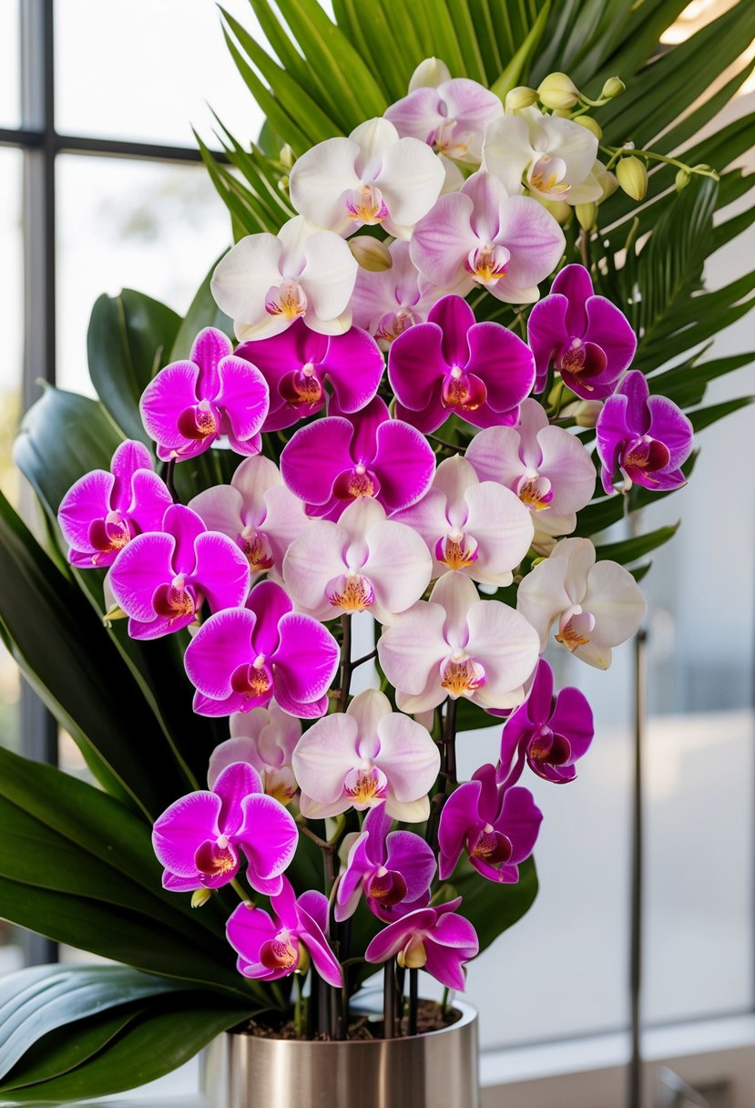 A lush bouquet of Phalaenopsis orchids in various shades of pink and white, accented with tropical greenery, arranged in a sleek and elegant manner