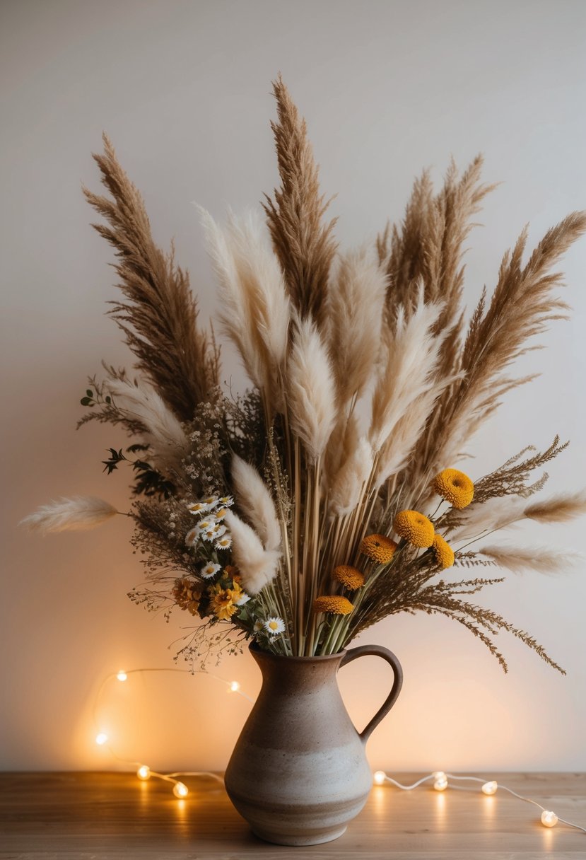 A bohemian-inspired display of dried pampas grass and wildflowers arranged in a rustic vase, with soft lighting casting a warm glow