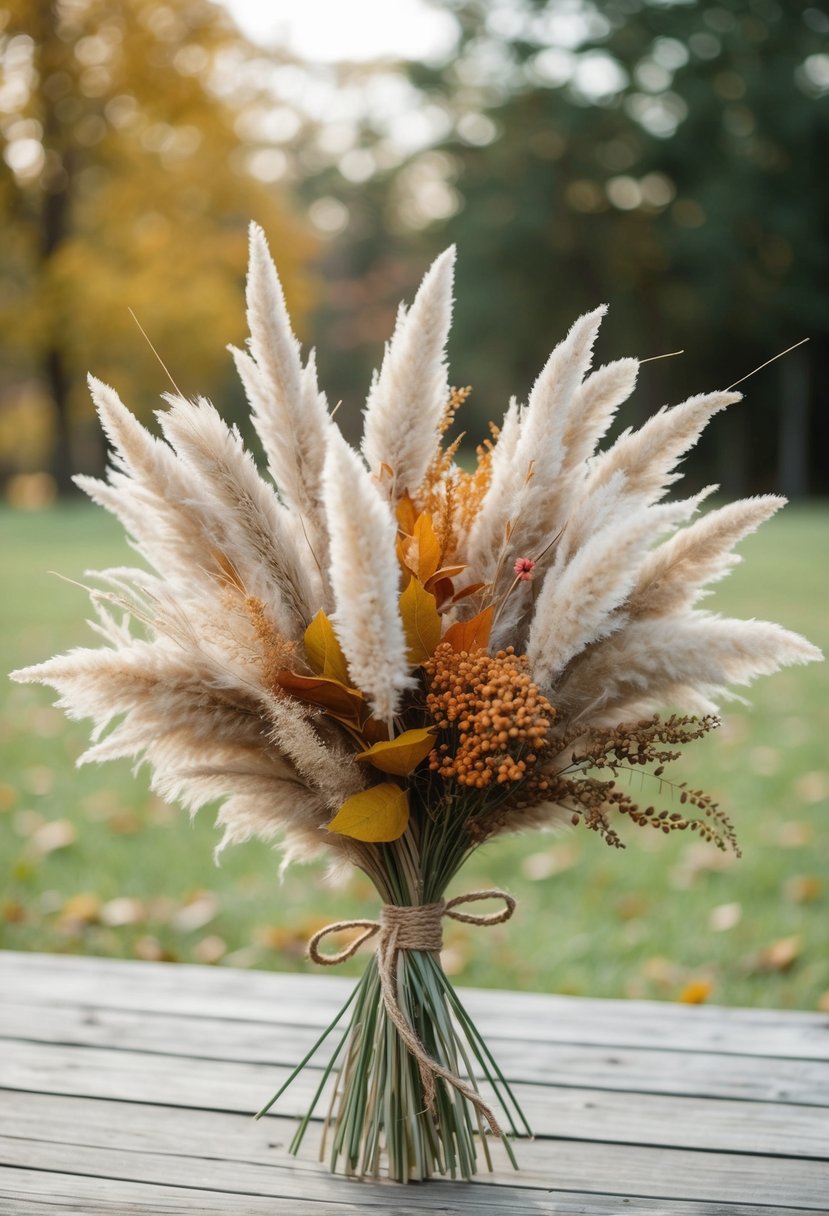 A rustic bouquet of pampas grass and autumn foliage tied with twine