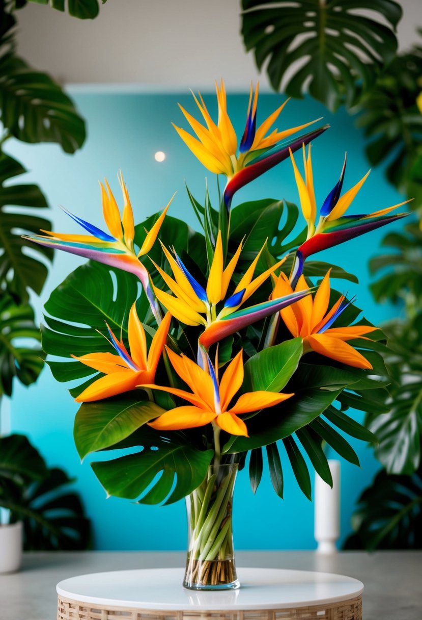 A vibrant bouquet of Birds of Paradise, bold tropical accents, and lush greenery arranged in a modern, asymmetrical design