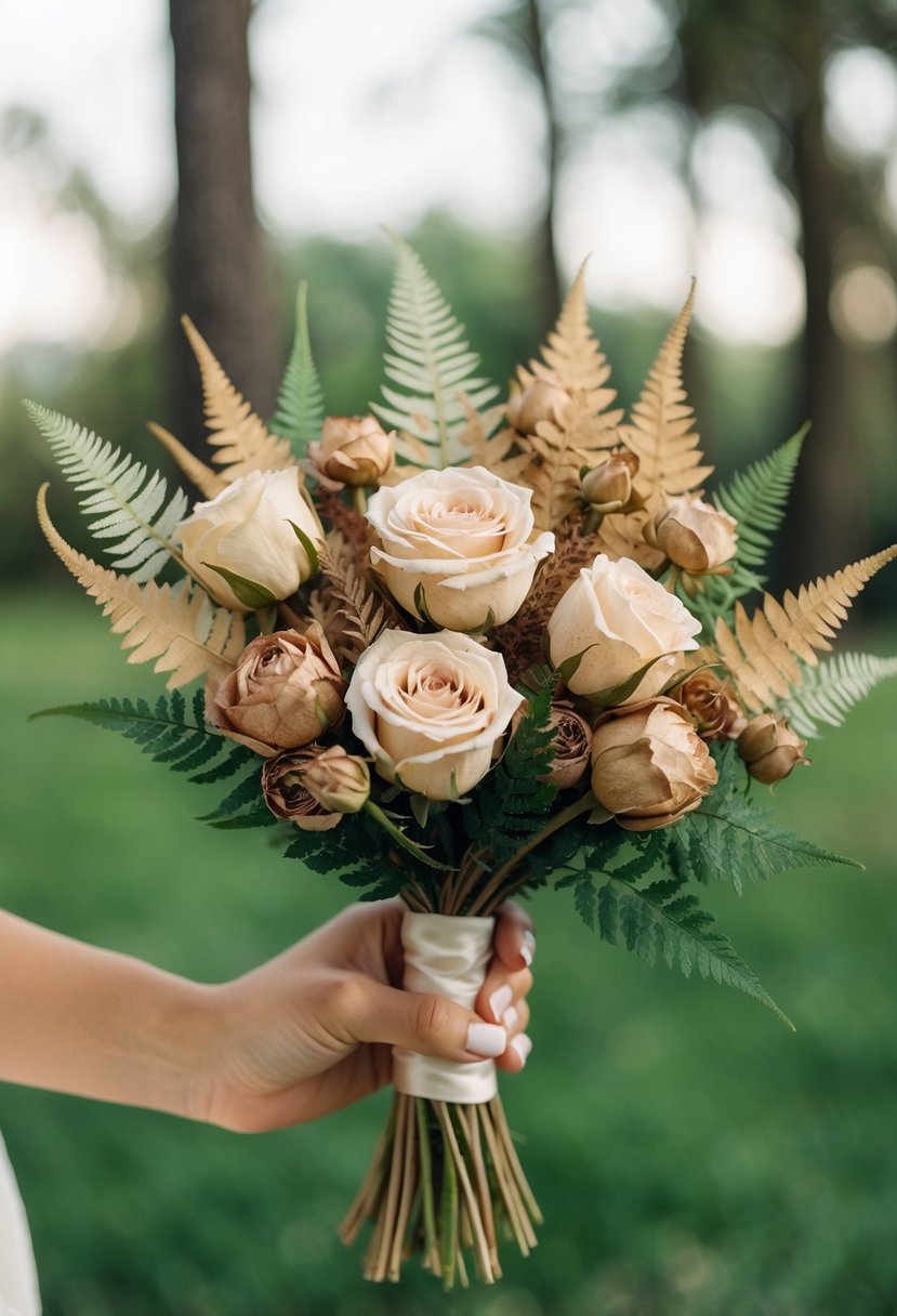 A delicate bundle of dried roses and ferns, arranged in a romantic and whimsical wedding bouquet