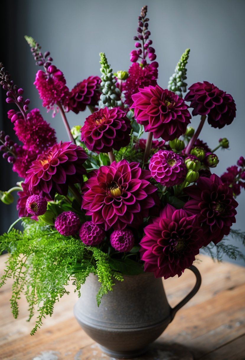 A lush bouquet of burgundy dahlias and amaranth, with hints of greenery, arranged in a rustic vase