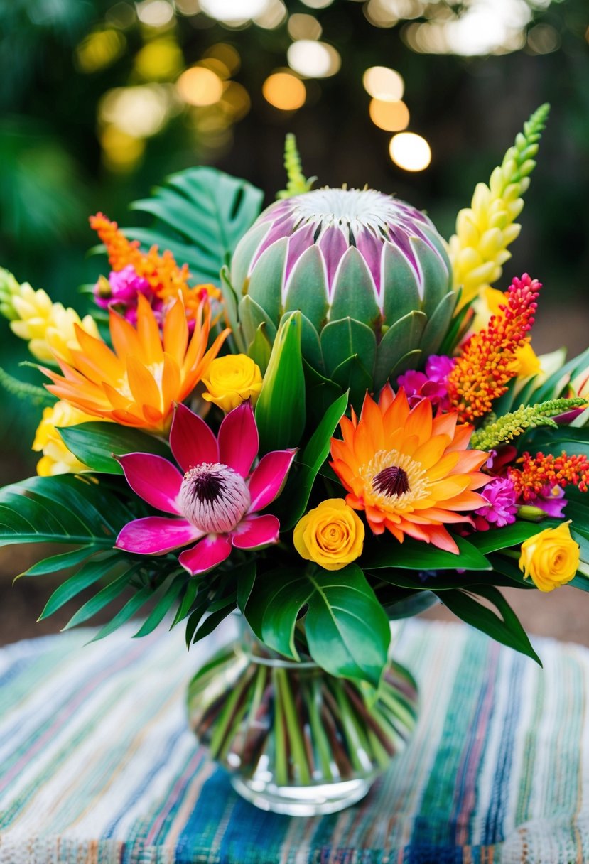 A vibrant bouquet featuring Pin Cushion Protea and other tropical flowers, with a textured and colorful arrangement