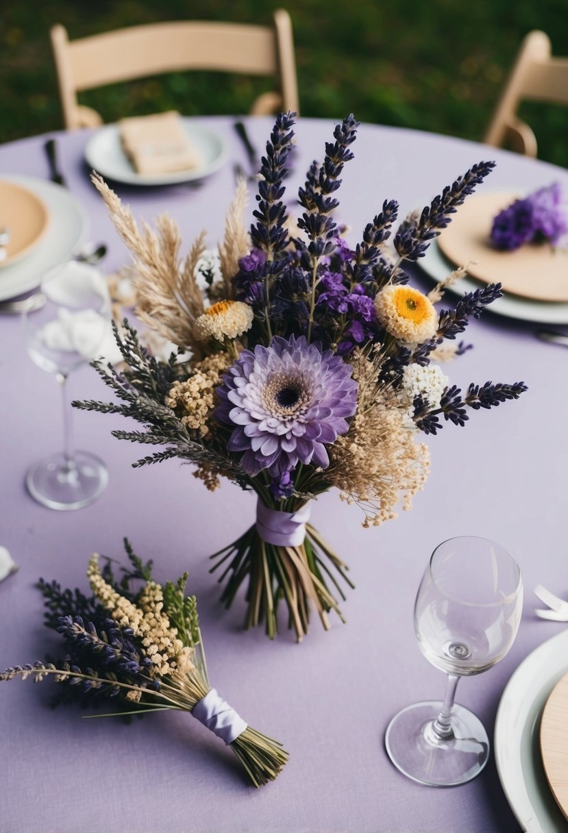 A lavender wedding set with dried flowers arranged in a bouquet, boutonniere, and table centerpiece