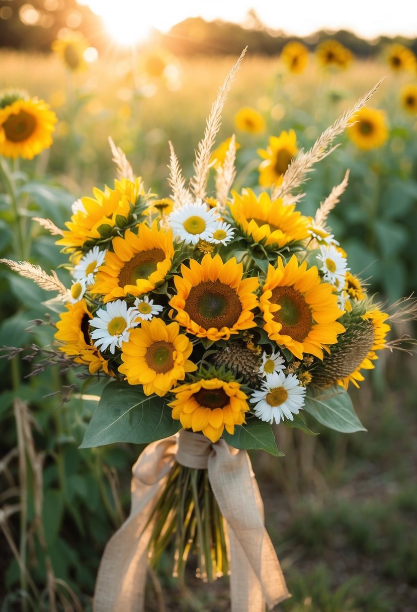 A rustic bouquet of sunflowers, daisies, and wild grasses, bathed in warm sunlight with a soft, golden glow