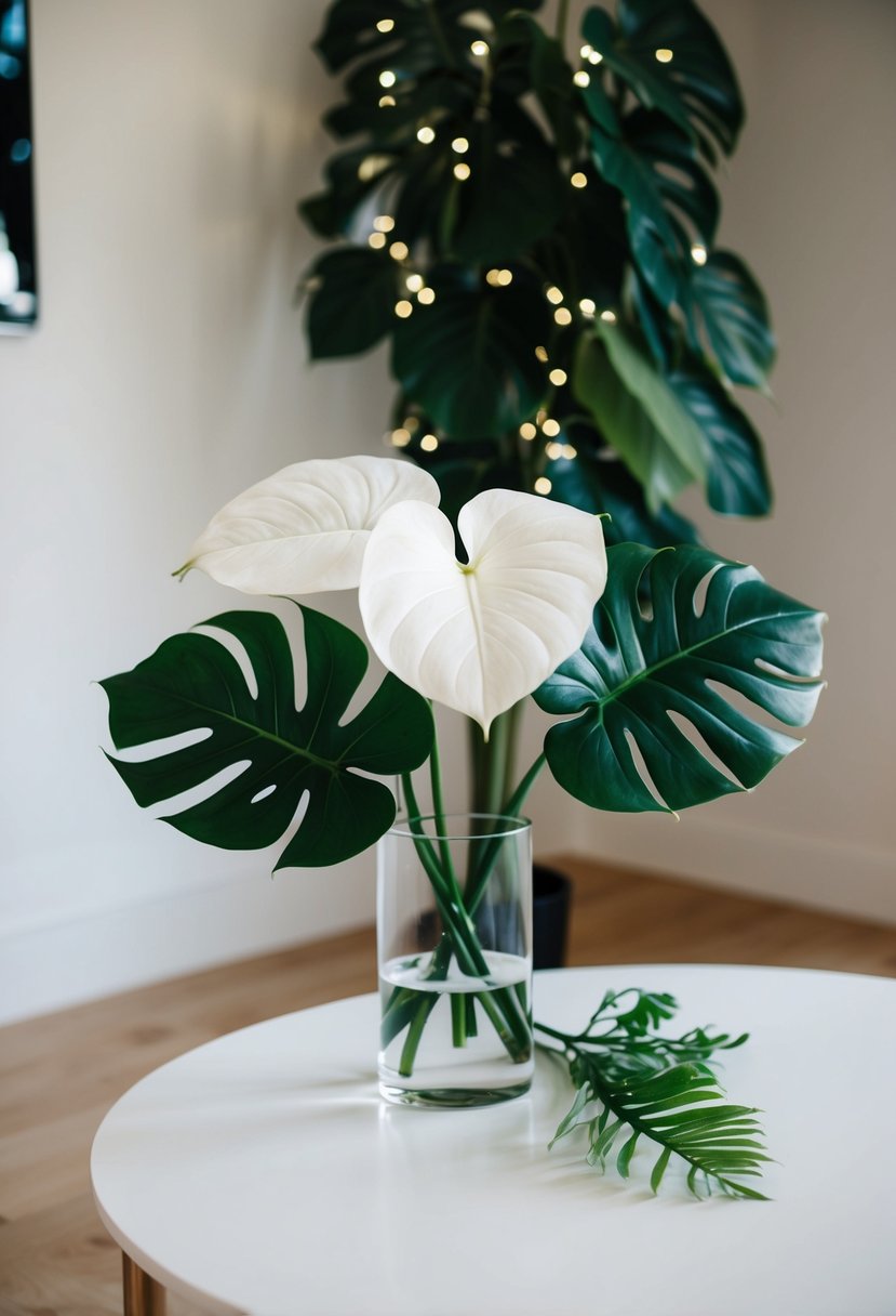 A sleek white anthurium bouquet with monstera leaves and minimal greenery on a clean, modern table