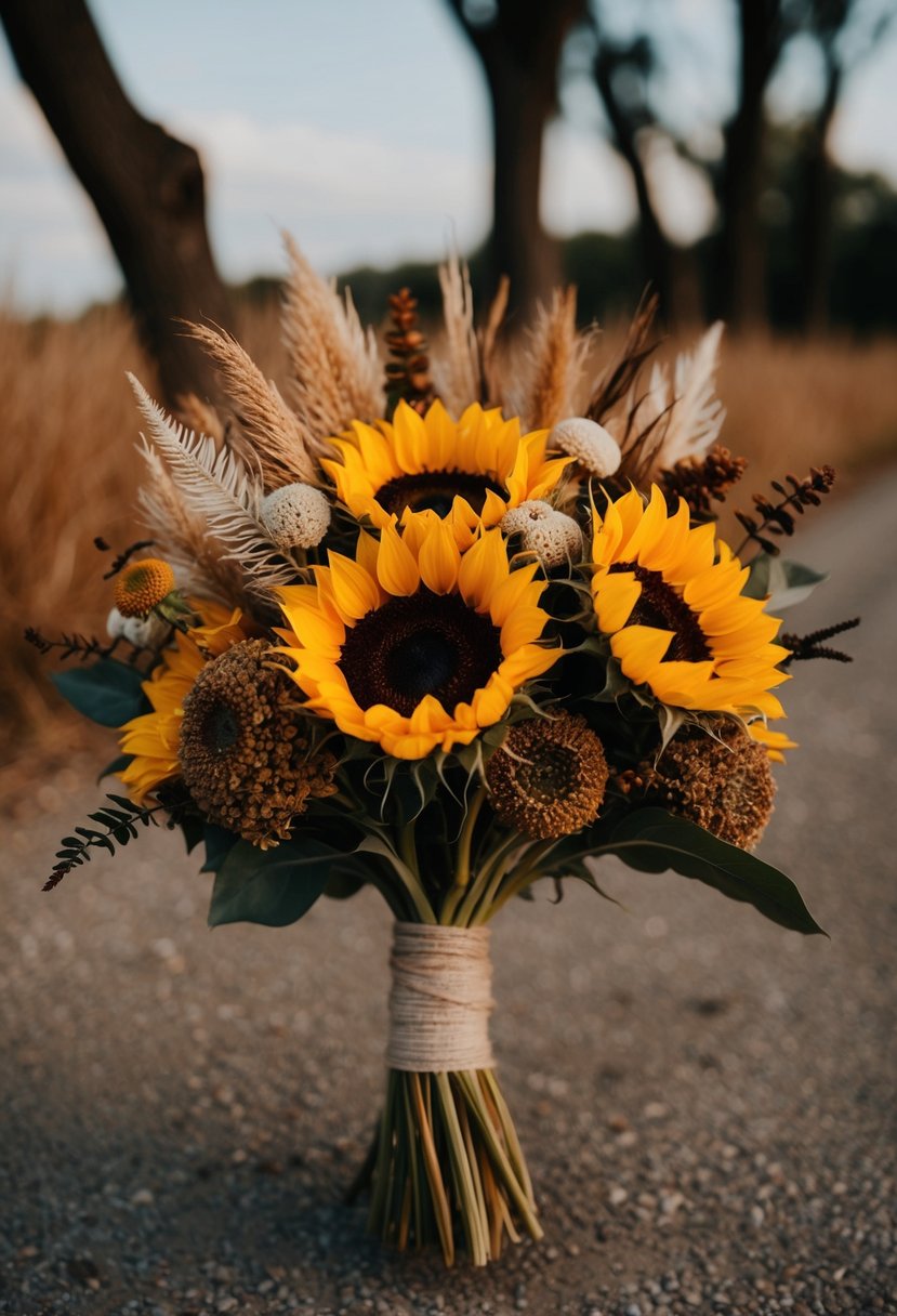 A rustic, vintage-inspired wedding bouquet featuring a mix of sunflowers and dried flowers in warm, earthy tones