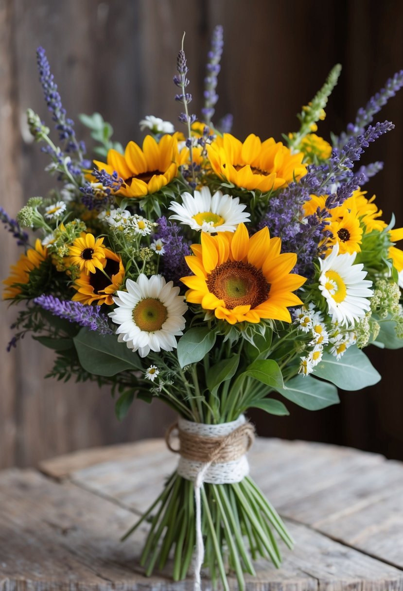 A bouquet of wildflowers, including daisies, sunflowers, and lavender, arranged in a rustic, hand-tied style with twine and lace accents