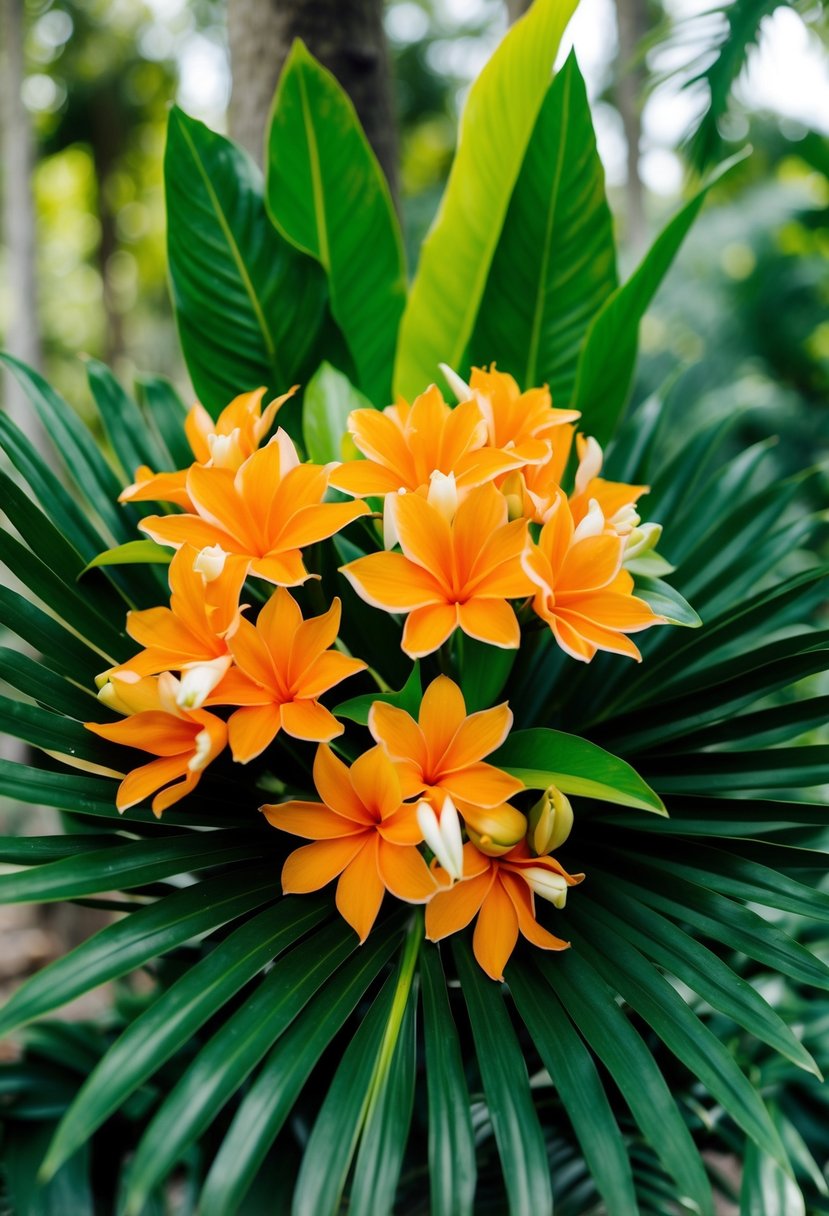 Vibrant ginger blooms, surrounded by lush green foliage, create a stunning tropical wedding bouquet