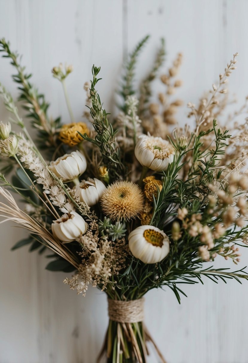 A delicate wedding posy of dried flowers, infused with fragrant herbs, arranged in a rustic bouquet