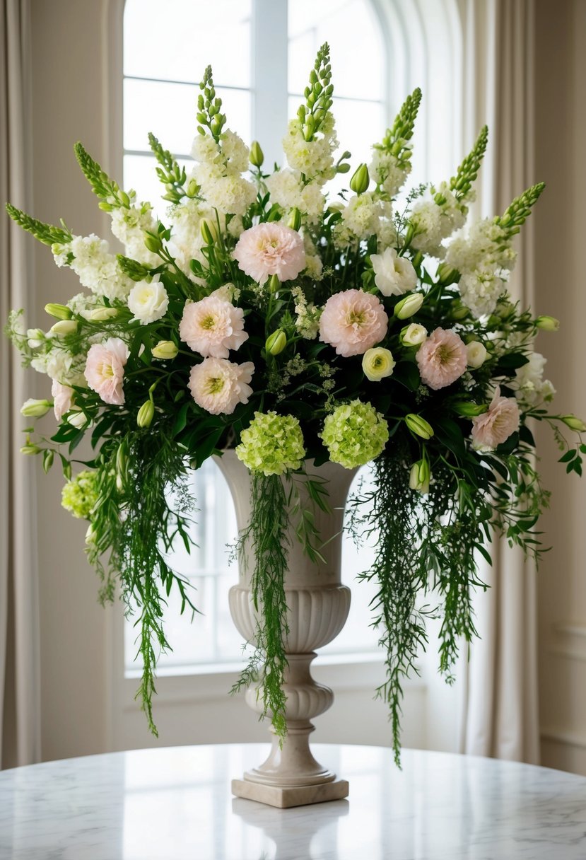 A lush arrangement of lisianthus and greenery, cascading from a tall vase on a marble table