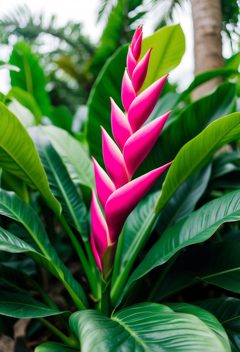 A vibrant fuchsia pink heliconia stands out among lush tropical foliage, creating a stunning highlight for a wedding bouquet