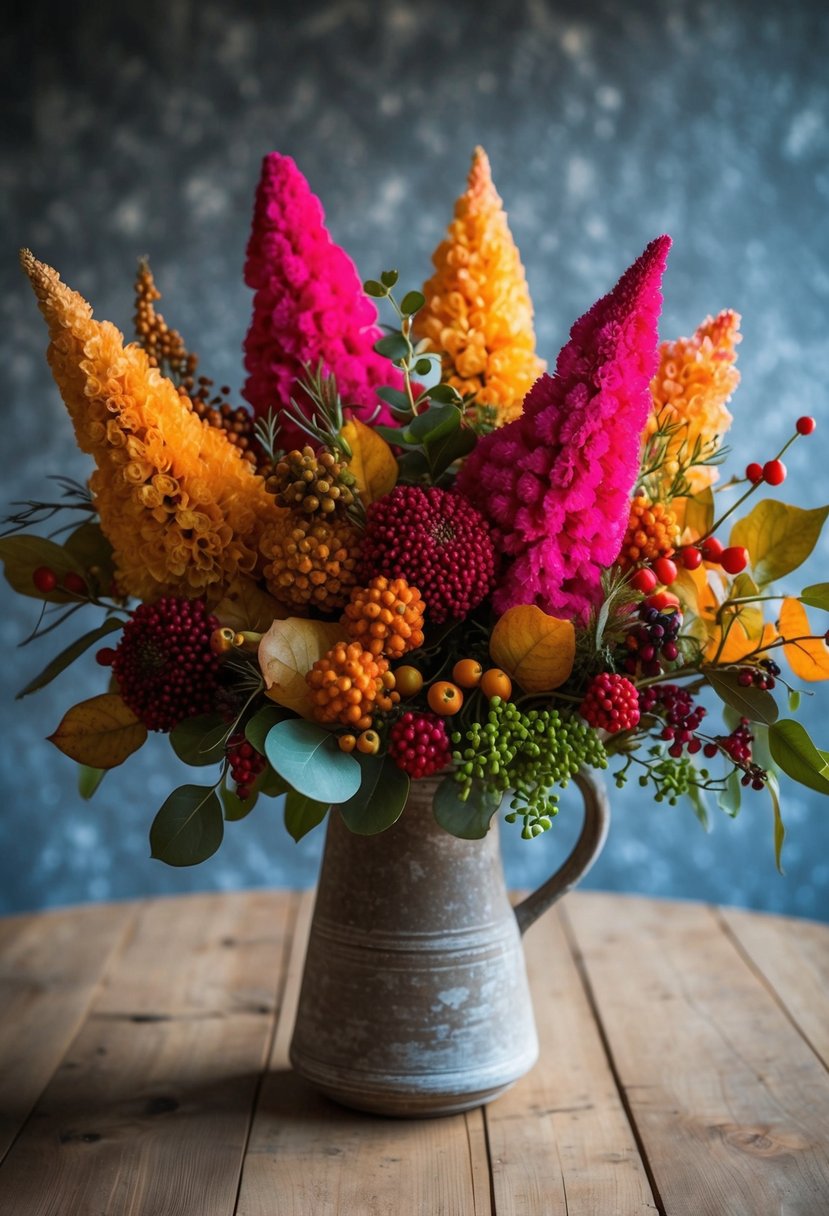 A vibrant bouquet of textured celosia, mixed with autumnal foliage and berries, arranged in a rustic vase on a wooden table