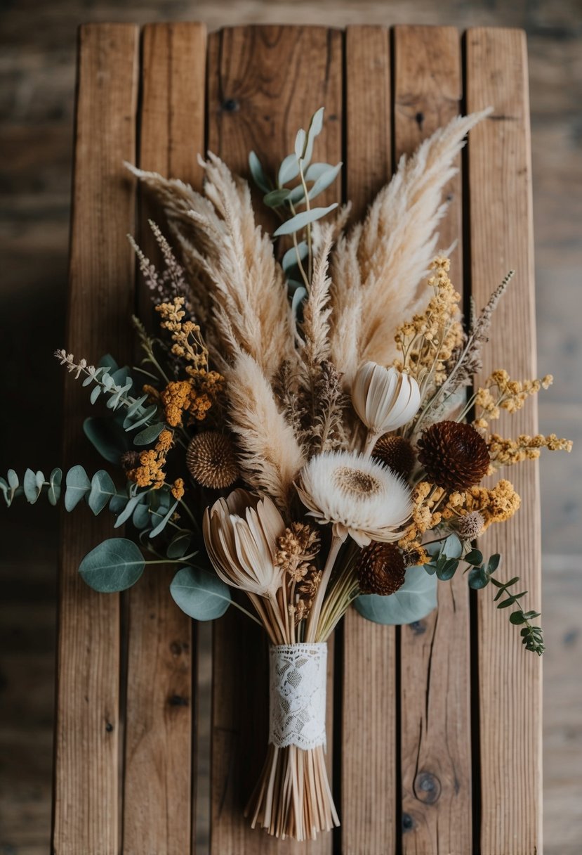 A rustic wooden table adorned with a personalized keepsake arrangement of dried flowers, showcasing unique wedding bouquet ideas