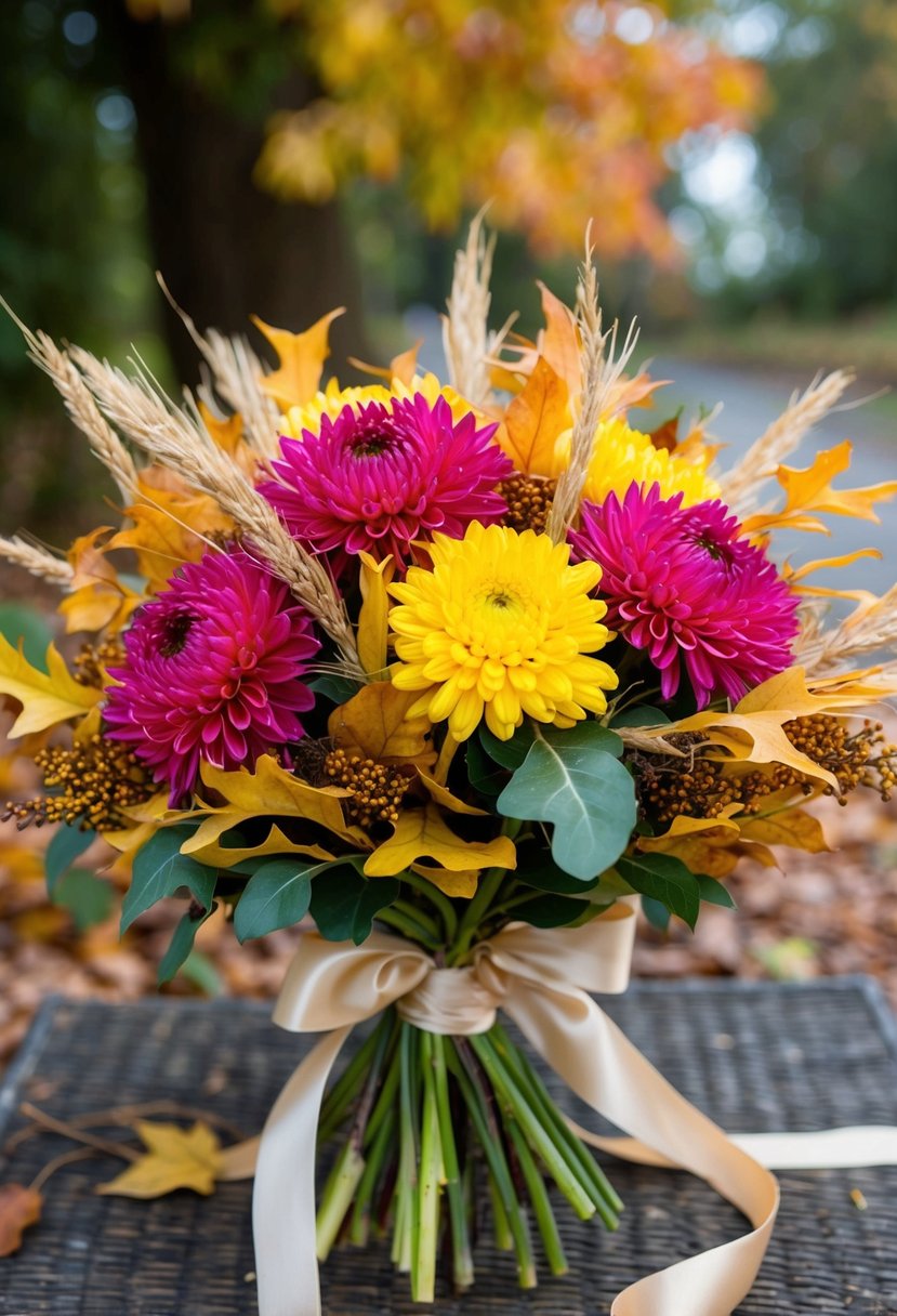 A vibrant bouquet of chrysanthemums and strawflowers, intertwined with autumn foliage and tied with a satin ribbon