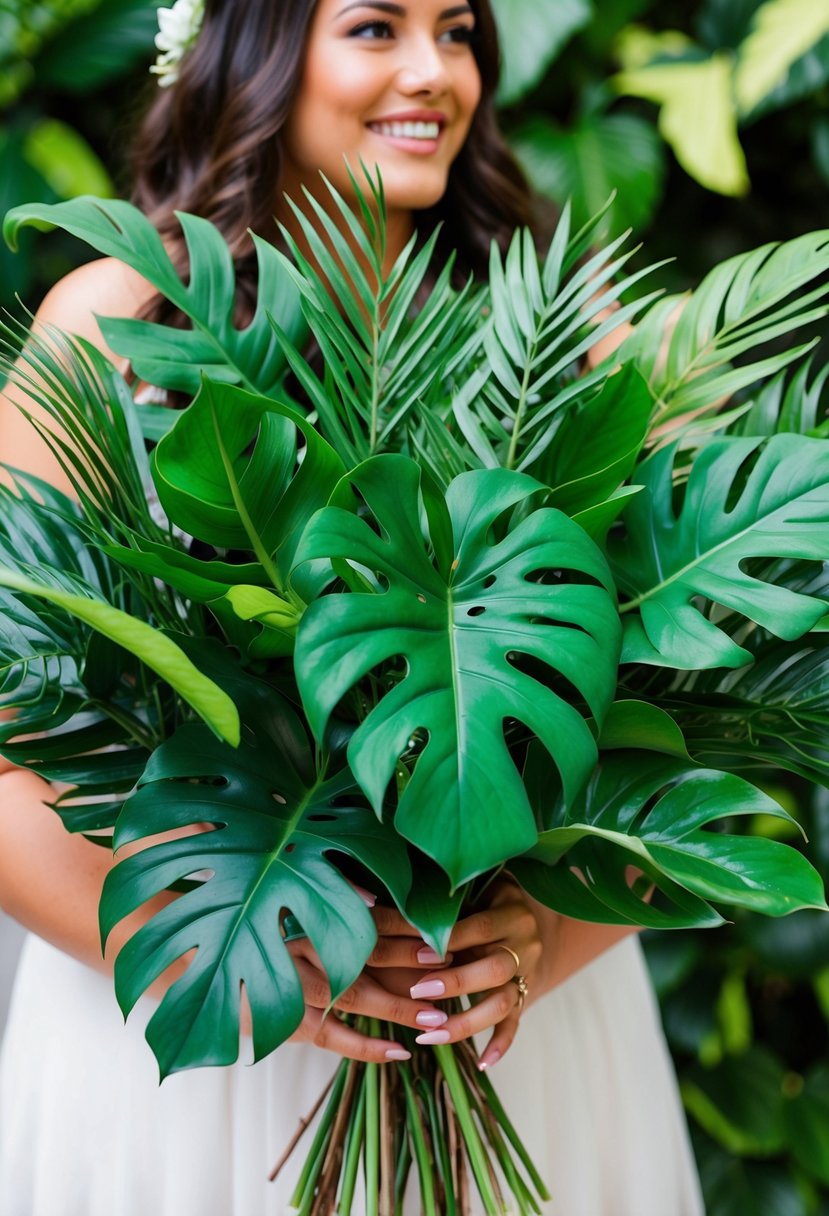 Vibrant monstera leaves arranged in a lush, tropical wedding bouquet, creating a vibrant and elegant display of greenery