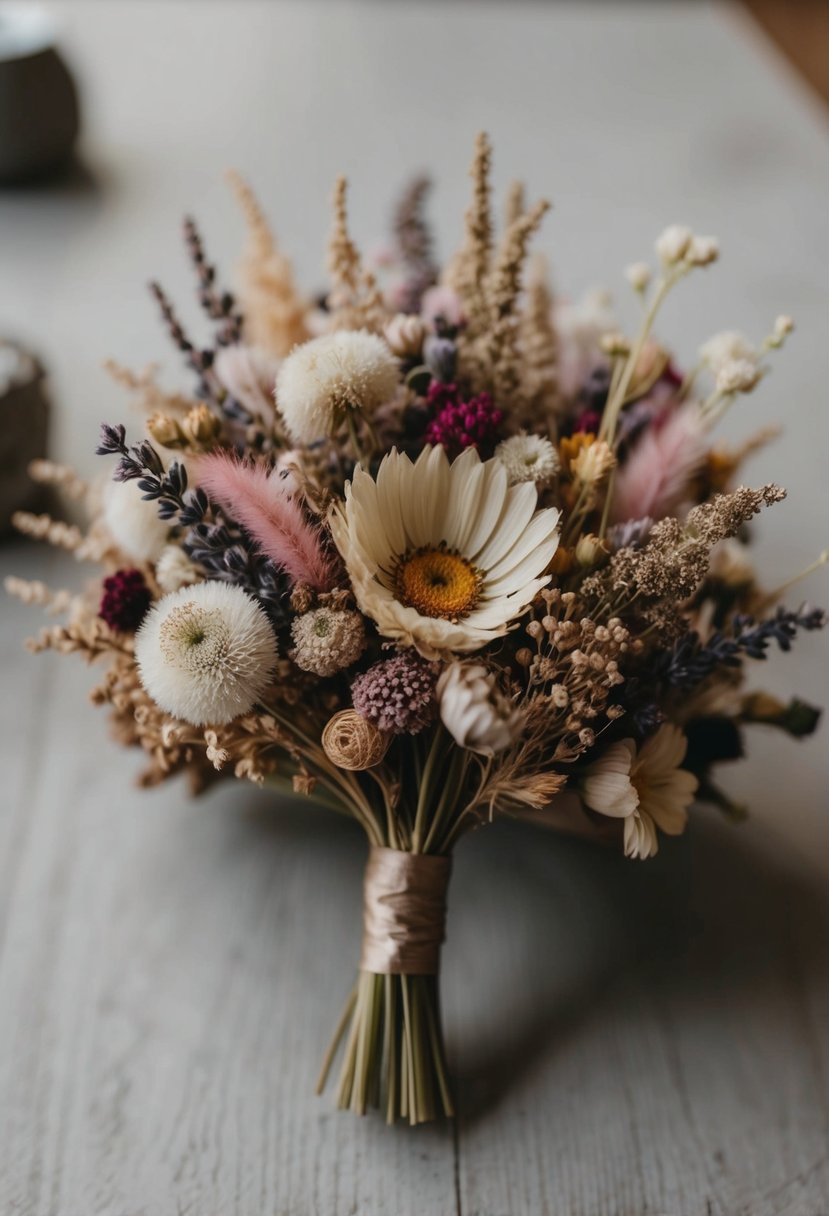 A delicate floral hairpiece made of dried flowers, intricately arranged with a mix of colors and textures, perfect for a wedding bouquet