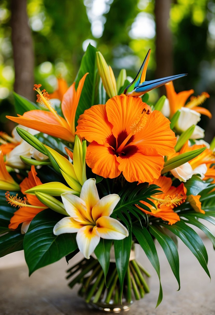 Vibrant orange hibiscus, lilies, and bird of paradise arranged in a lush tropical wedding bouquet