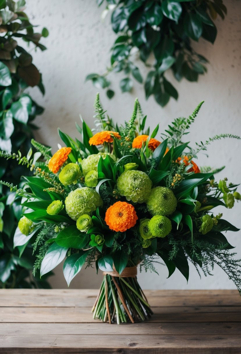 A vibrant bouquet of green and orange flowers, surrounded by lush foliage, sits on a rustic wooden table