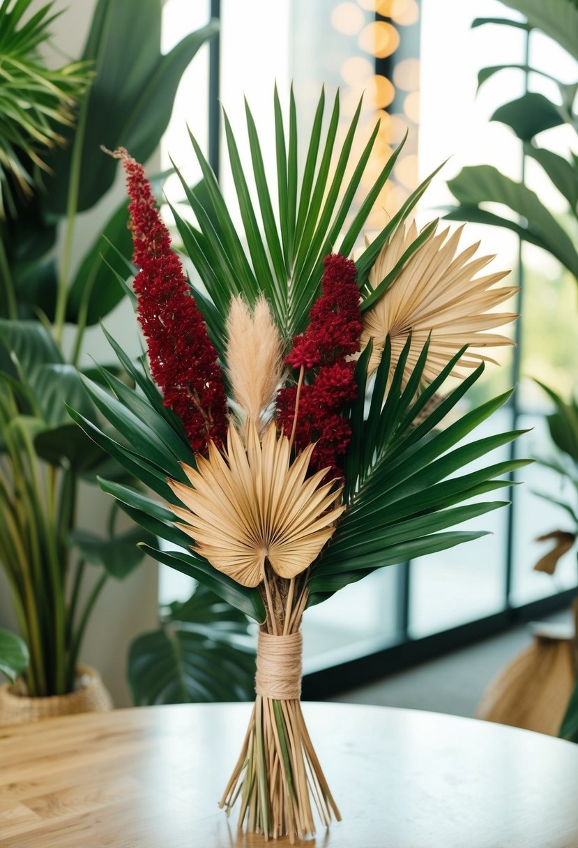 A modern tropical palm arrangement with dried flowers, perfect for a wedding bouquet