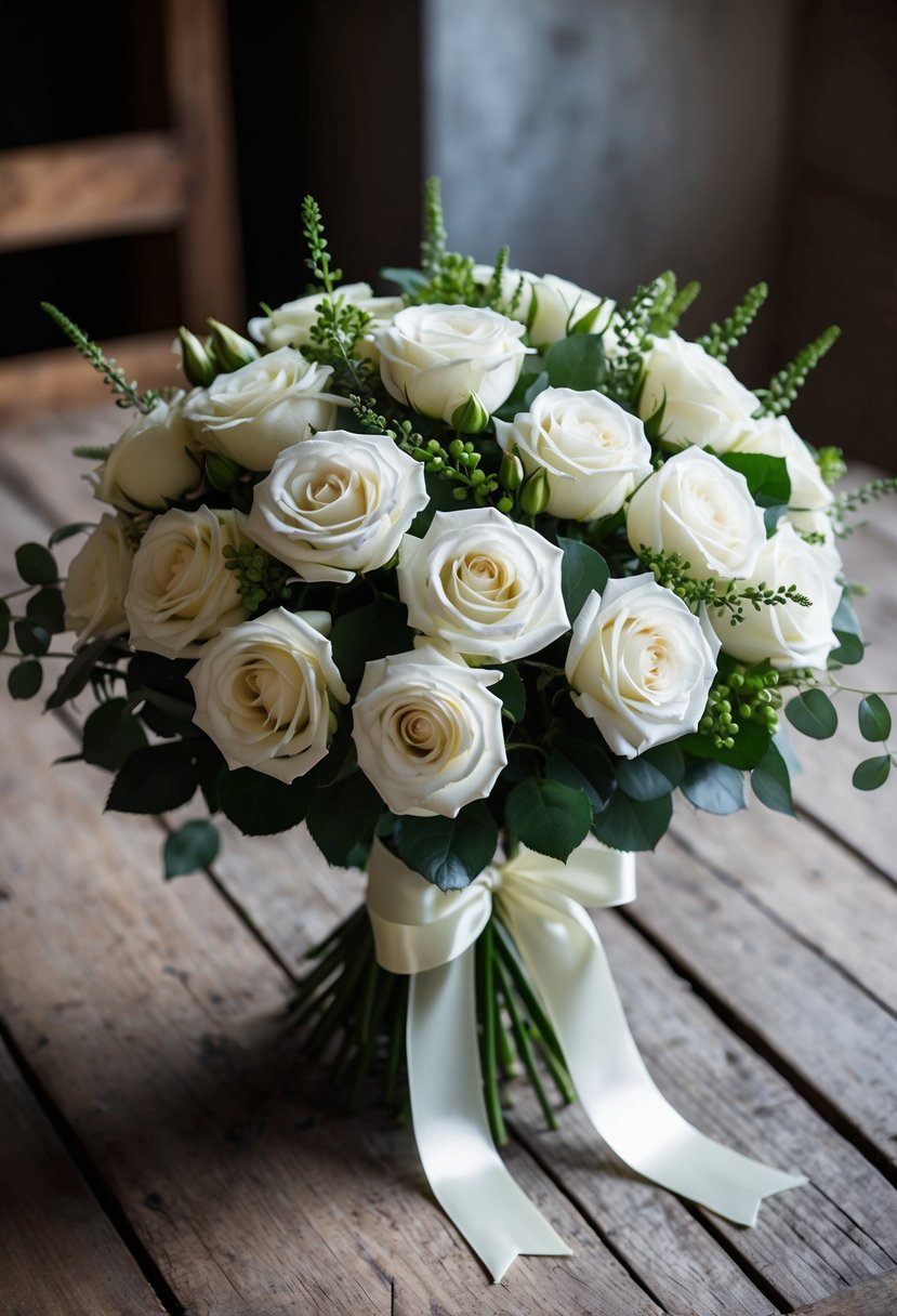 A lush bouquet of White O'Hara Garden Roses, accented with greenery and tied with a satin ribbon, sits on a rustic wooden table