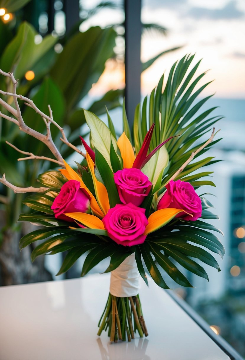 A modern tropical wedding bouquet with vibrant roses and exotic branches