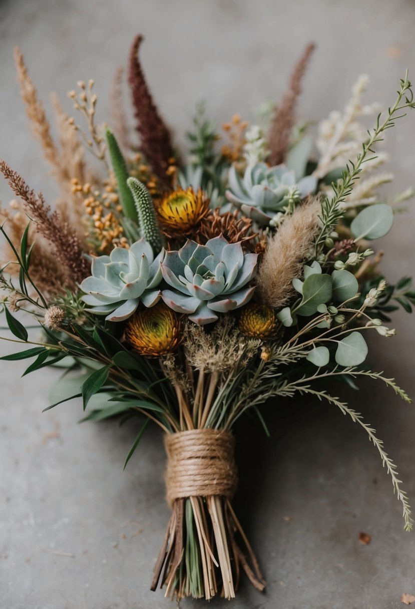 A rustic, eco-friendly wedding bouquet featuring a blend of dried succulents and wildflowers, tied with natural twine and adorned with delicate greenery