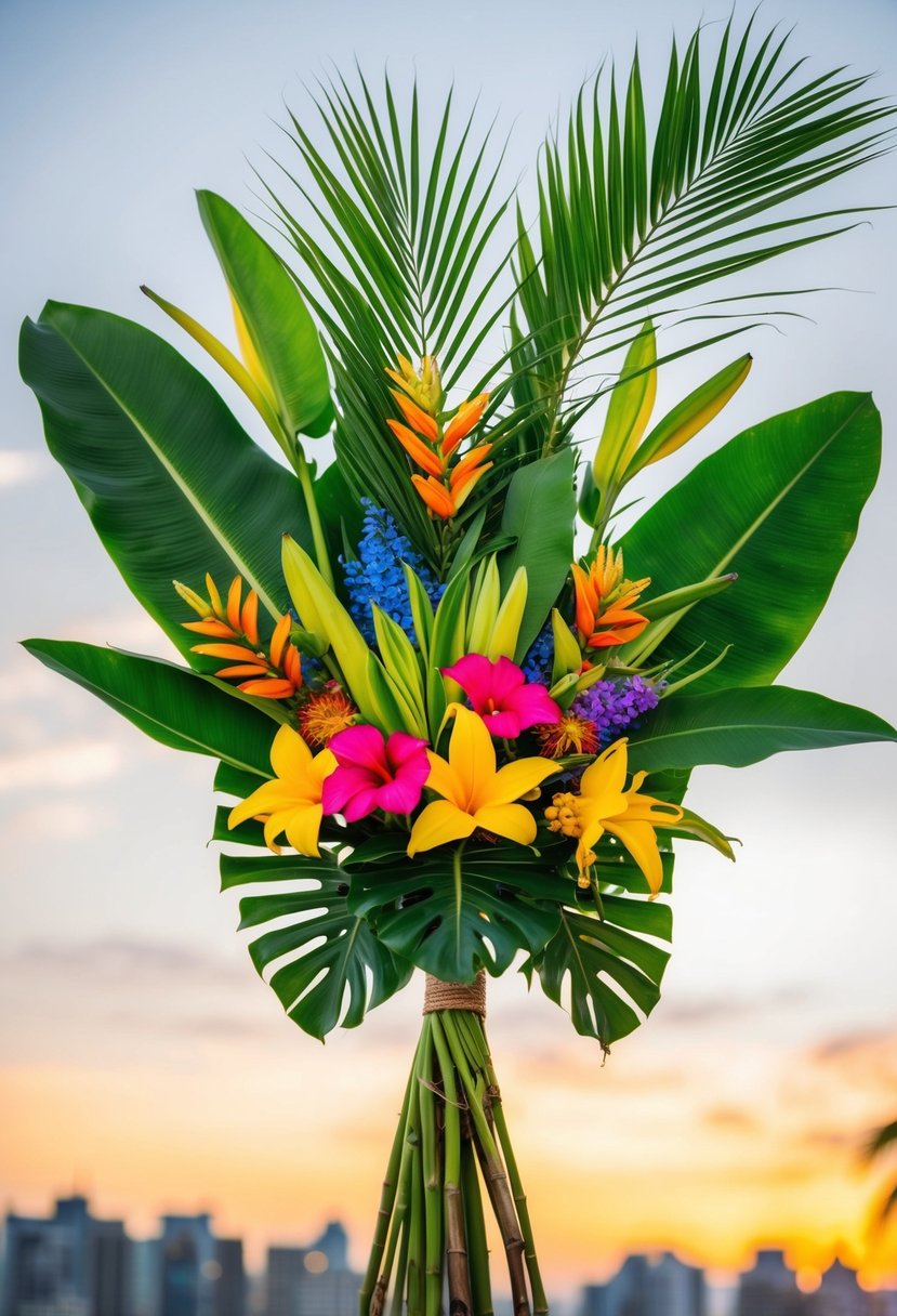 A vibrant bouquet of palm fronds and banana leaves intertwined with colorful tropical flowers