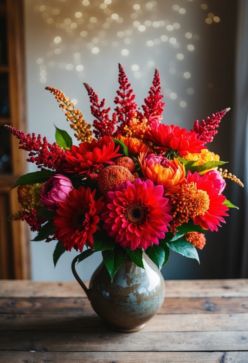 A lush bouquet of red and pink autumn flowers arranged in a rustic vase on a wooden table