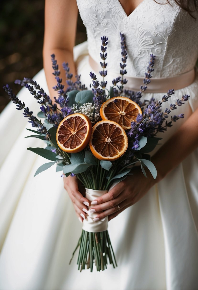 A delicate wedding bouquet of lavender and dried orange, tied with a satin ribbon