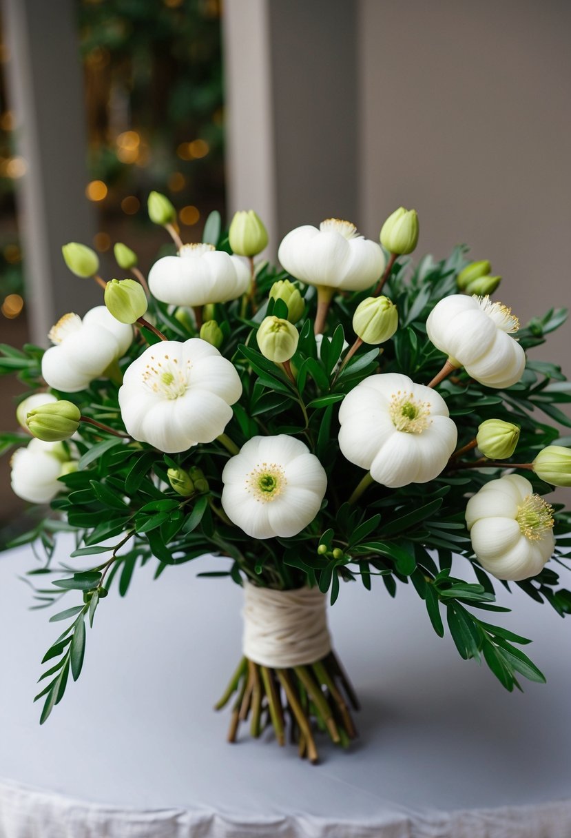 Fresh white Pieris buds arranged with greenery for an October wedding bouquet