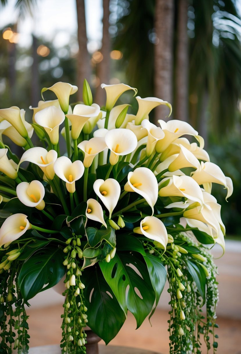 A lush bouquet of calla lilies and elegant tropical stems cascading in a graceful arrangement