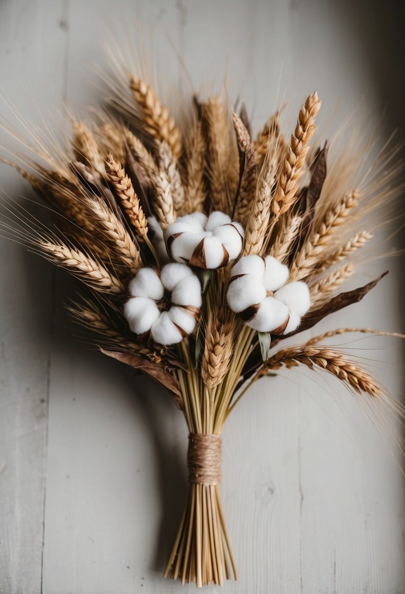 A rustic bouquet of dried wheat and cotton composition, with earthy tones and natural textures, arranged in a simple and elegant manner