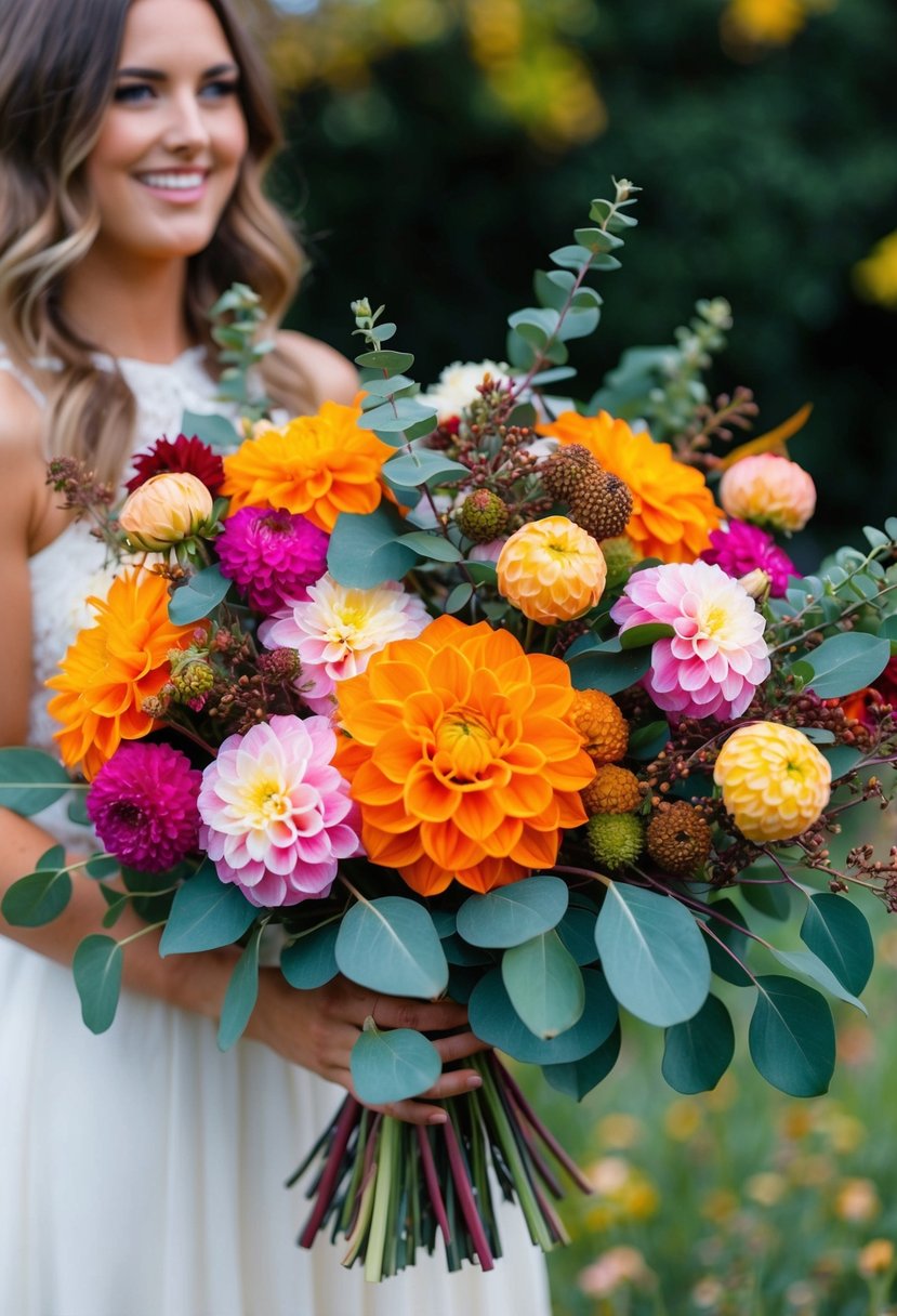 A vibrant mix of waxflowers, eucalyptus, and dahlias in a playful arrangement, perfect for an October wedding bouquet