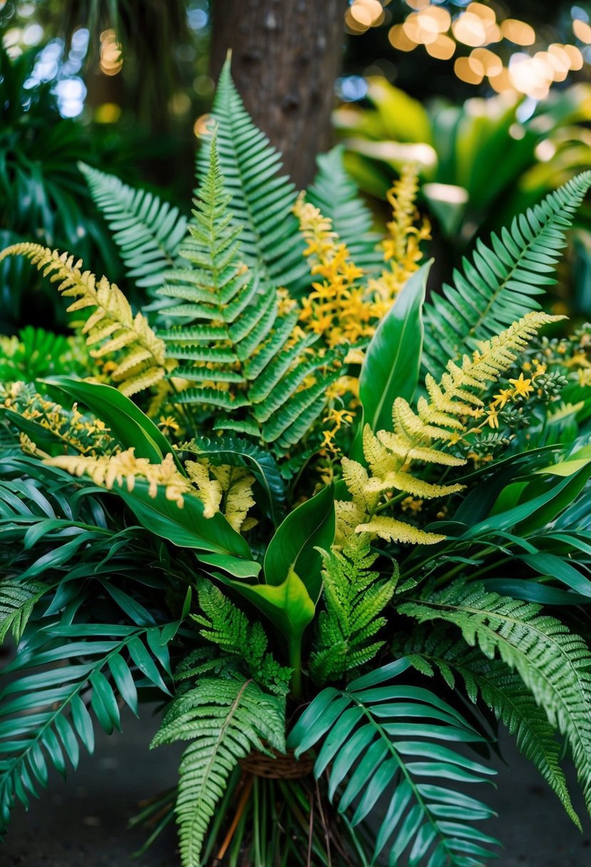 A lush bouquet of tropical ferns and exotic greens, bursting with vibrant colors and textures