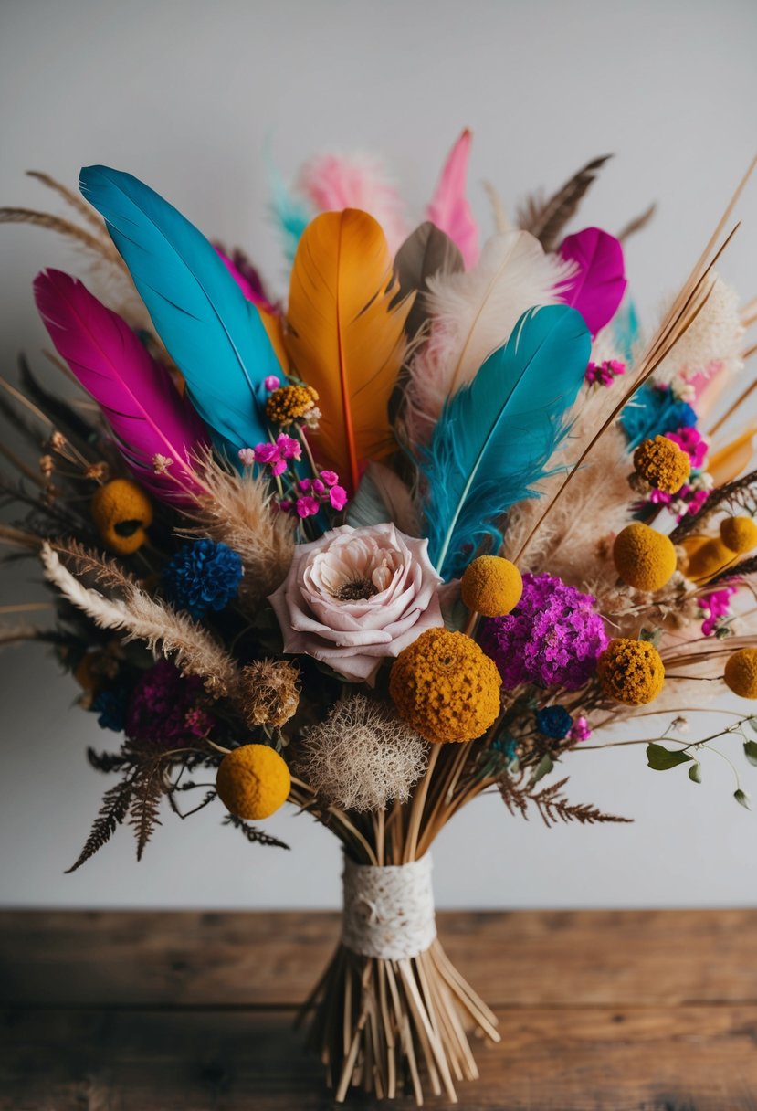 A colorful bouquet of whimsical feathers and dried florals, with vibrant pops of color and intricate details, creating a dreamy and romantic atmosphere