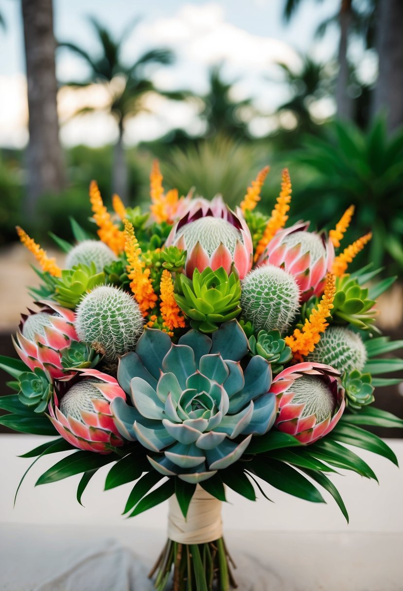 A vibrant bouquet of protea and succulents arranged with depth and texture for a tropical wedding theme