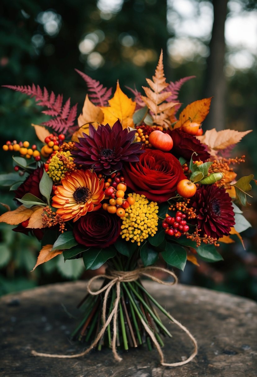 A lush bouquet of deep red, burnt orange, and golden yellow flowers, accented with autumn leaves and berries, tied with a rustic twine bow