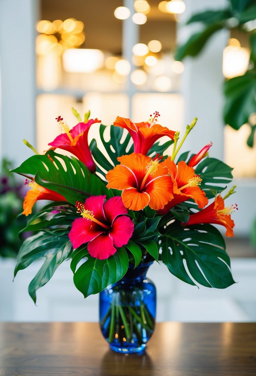 A vibrant hibiscus bouquet with tropical foliage and pops of color