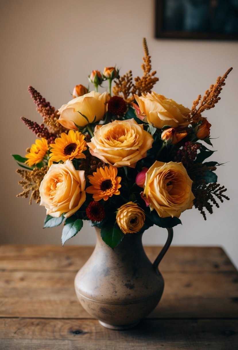 A vintage bouquet of quicksand roses and other autumn flowers arranged in a rustic vase on a wooden table