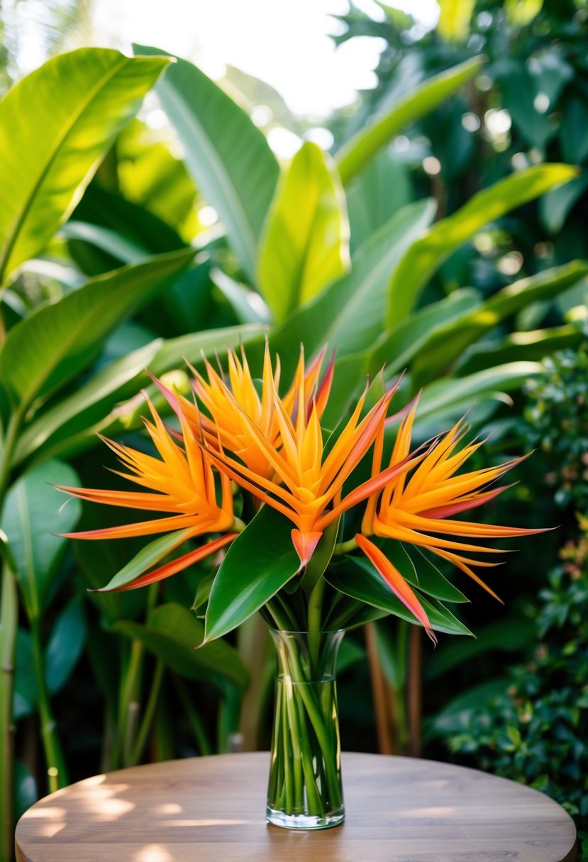 A vibrant tropical bromeliad bouquet stands out against a lush green backdrop, showcasing its bold colors and unique textures