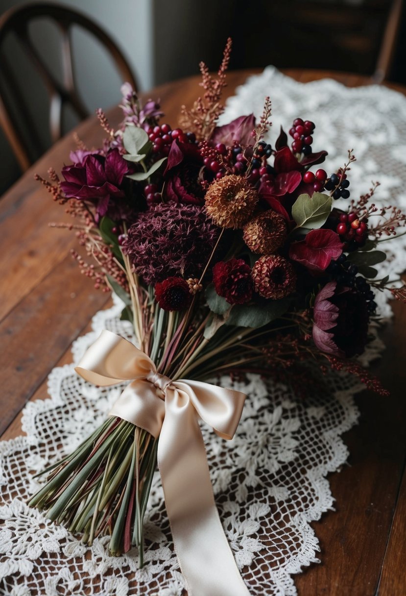 A lush bouquet of dried burgundy and berry-colored flowers, tied with a satin ribbon, sits on a vintage lace table runner