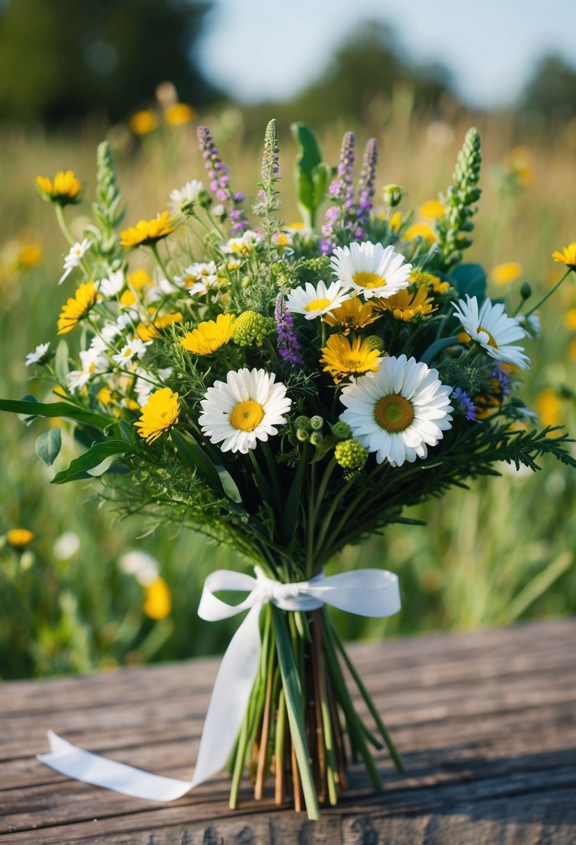 A bouquet of wildflowers, daisies, and greenery tied with a ribbon