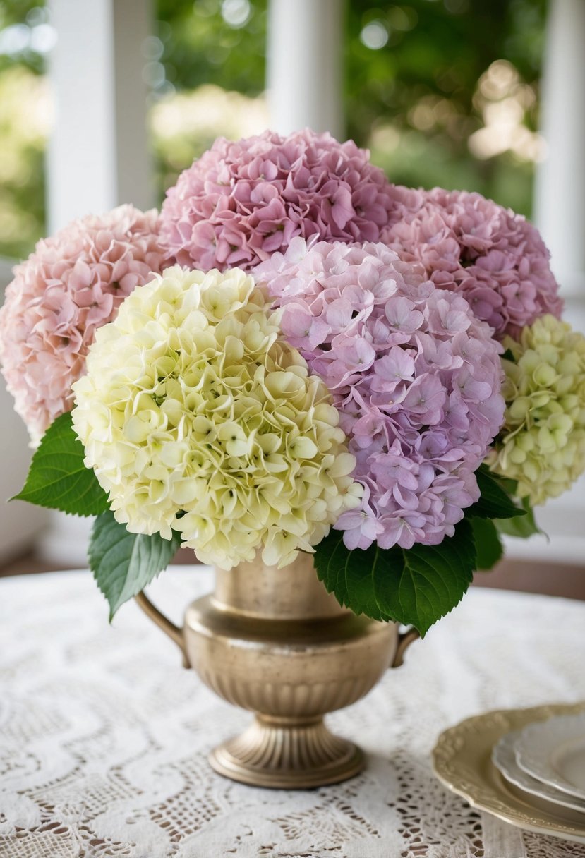 A lush, pastel hydrangea bouquet arranged in a vintage vase on a lace tablecloth