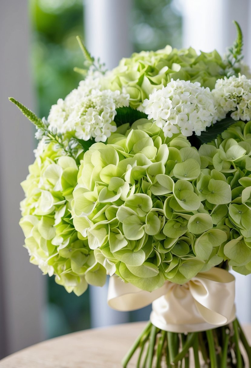 A lush bouquet of soft green hydrangeas, accented with delicate white blooms, tied with a satin ribbon