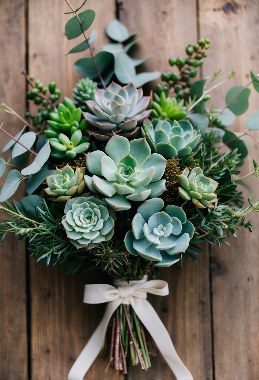 A bouquet of assorted succulents arranged in a rustic, natural style with eucalyptus and other greenery, tied with a simple ribbon