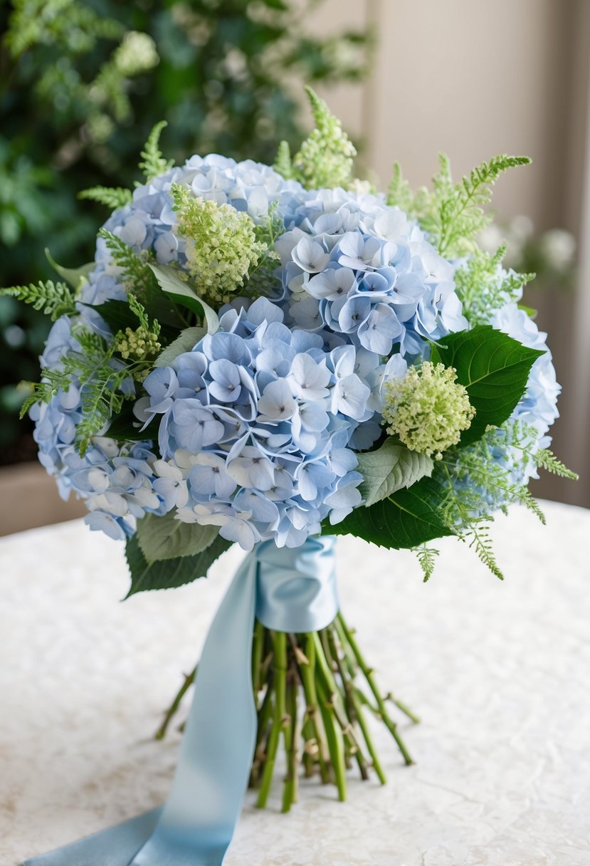 A delicate bouquet of Barely Blue Elegance hydrangeas arranged with cascading greenery and tied with a satin ribbon