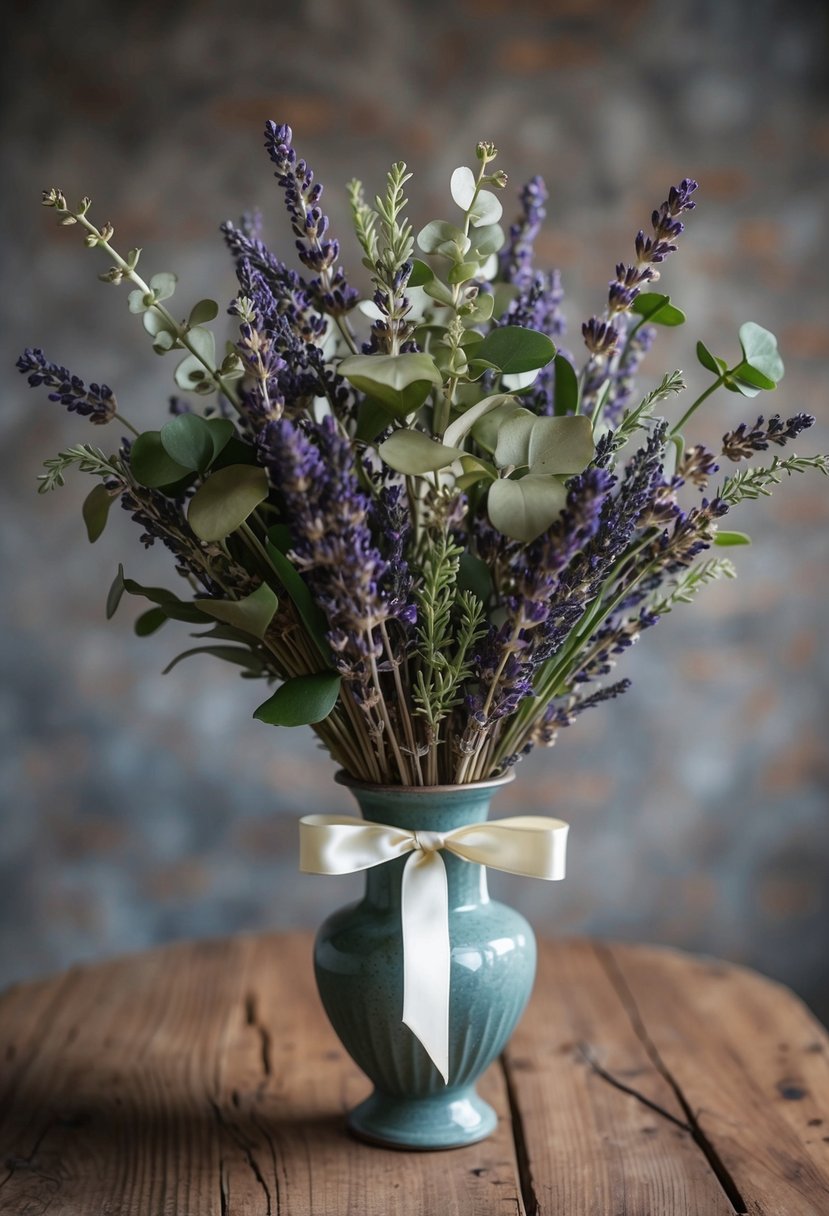 A delicate arrangement of dried lavender and greenery, tied with a satin ribbon, sits in a vintage vase on a rustic wooden table