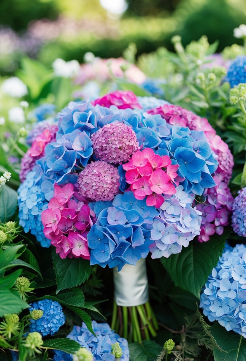 A vibrant hydrangea wedding bouquet, with a mix of blue, pink, and purple blooms nestled among lush greenery, evoking the blissful beauty of a summer garden