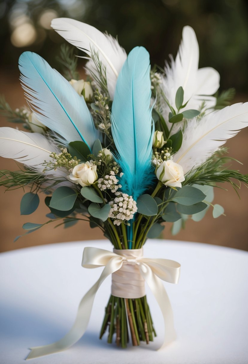 A bouquet of feathers, accented with delicate greenery and small blooms, tied with a satin ribbon